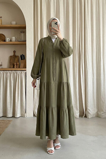 MODAQU Long Muslin Dress with Elastic Sleeves and Segments - Khaki