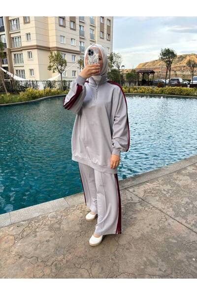 Wovi Moda Hijab Tracksuit Set Double Set Zippered Collar Cotton