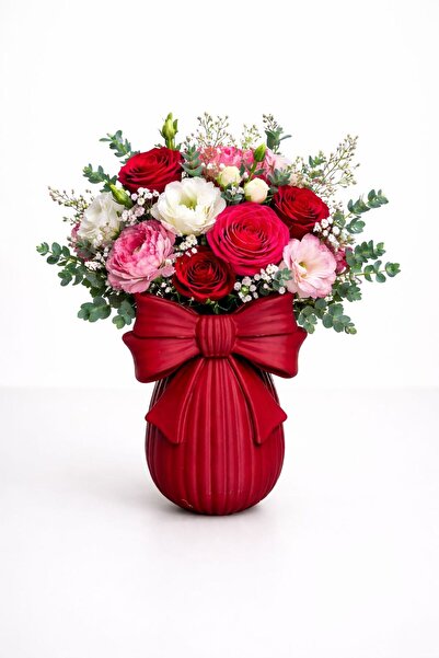 DAbro 3d Studio Fiyonk Detaylı Kırmızı Modern 3D Dekoratif Vazo