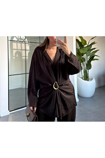 Lavanta Tekstil Brown Gold Brooch Detail Shirt and Pants Set