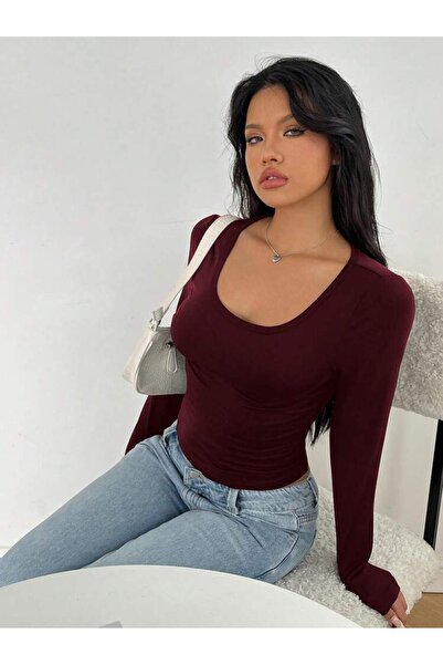 hilla Uzun Kollu Bordo Crop