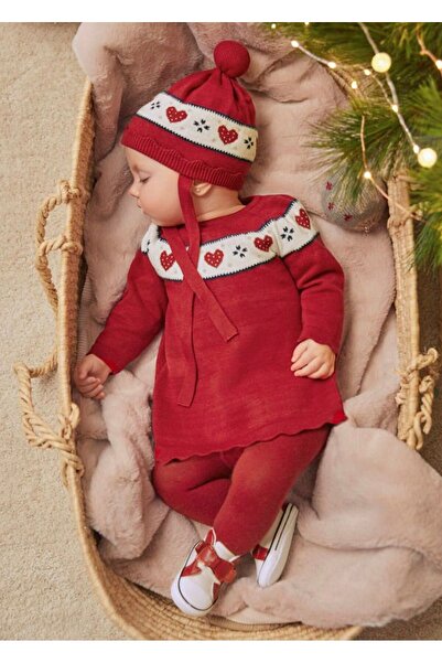 MAYORAL Kız Bebek Kalp Desenli Kırmızı Triko Elbise ve Şapka Seti