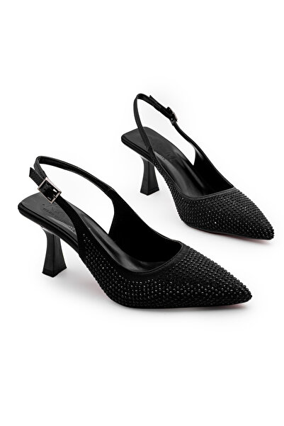 Modaarmada Siyah yeni sezon taşlı şık kadın topuklu ayakkabı