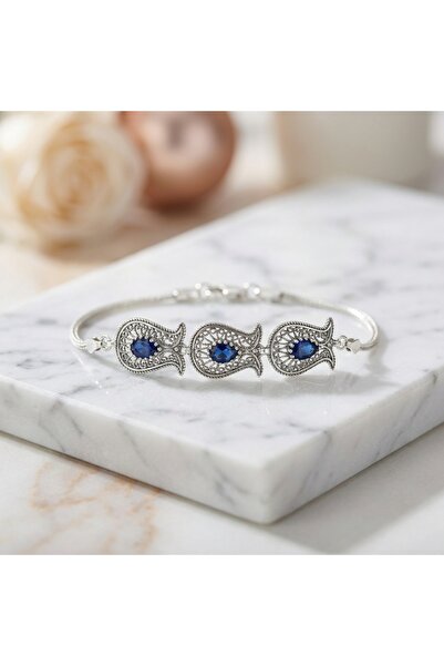 Arvenia Silver Lale Motifli Safir Taşlı Telkari Gümüş Bileklik