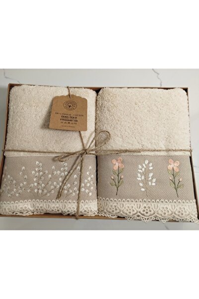 Arliva Home Bukle Embroidered Lace 2-Piece Boxed 50X85 cm Hand and Face Towel