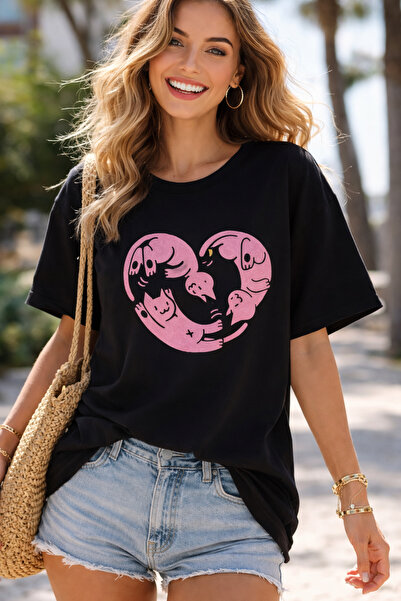 ArtYus تي شيرت للجنسين من القطن بطبعة قلب القطة وياقة دائرية مريحة