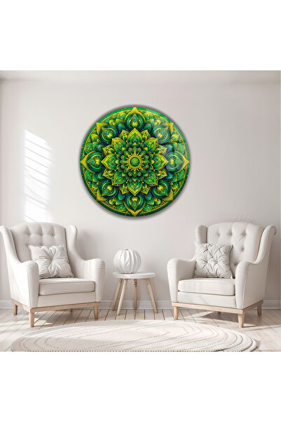 B&G DESIGN Masă decorativă rotundă din sticlă, cu design modern Mandala, verd...