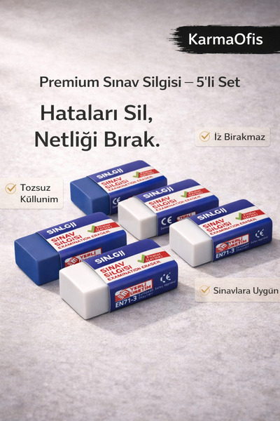 KarmaOfis Premium Sınav Silgisi 5’li Set – Tozsuz, İz Bırakmayan, CE Belgeli
