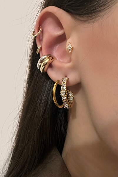 Okko Store Double Row Stones Steel 2-Piece Earrings