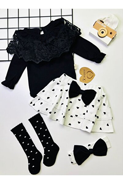 cacobutik kız bebek siyah fırfırlı dantel yakalı tulum Etekli 4'lü şık Kombin...