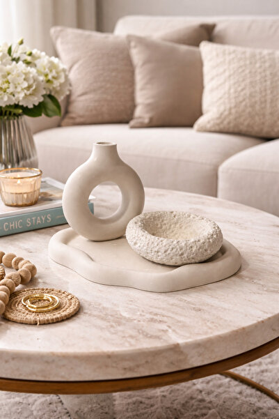 Homesinti Modern Üçlü Dekor Seti Vazo Kase Tepsi Hediyelik Ev Aksesuarı