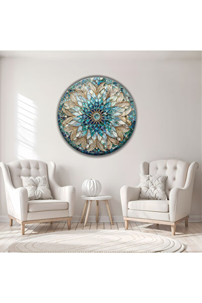 B&G DESIGN Modern Turkuaz Mandala Tasarım Yuvarlak Lüks Temperli Dekoratif Ca...
