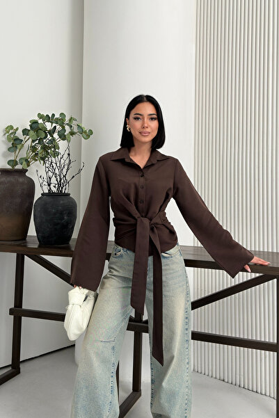 MOZENA Spanish Style Ribbed Shirt with Tie Waist Detail