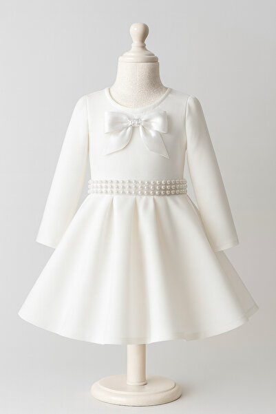 SOFYELLA ✨   Girl's Pearl Belted Long Sleeve Dress – White