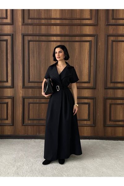 maf collection Women's Double Breasted Collar Black Slit Detail Long Dress wi...