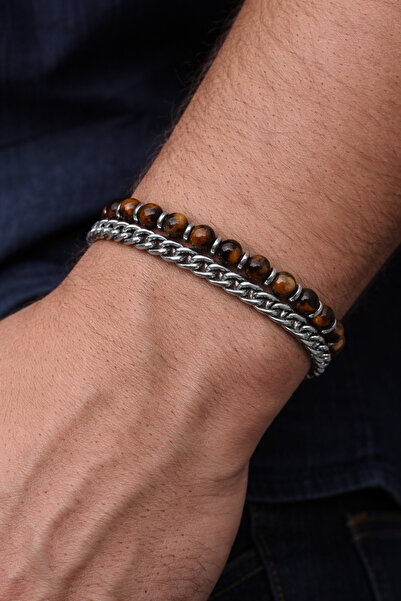 Tasarım Men's Tiger's Eye Natural Stone & Chain Bracelet Set