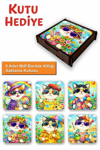 UNT 6-Piece Mdf Coasters with Storage Box – Cute Cats Theme