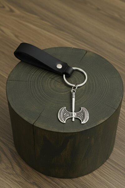 AB Takı Double Axe Design Real Leather Keychain Black Genuine Leather Keychai...