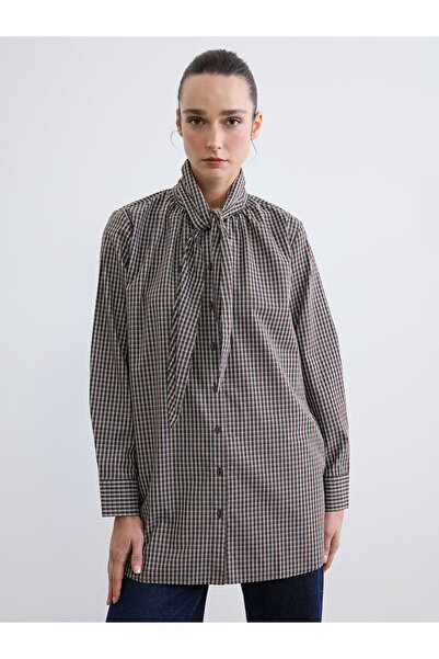 LC Waikiki Mg Trenden Brown Baby Collar Plaid Oversize Women's Shirt Tunic