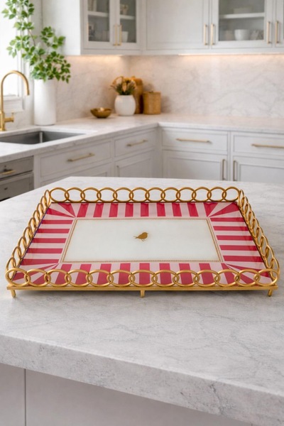 Kitchen Pembelia Kuş Desenli Kırmızı Pembe Lüx Şık Sunum Tepsisi Özel Davet T...