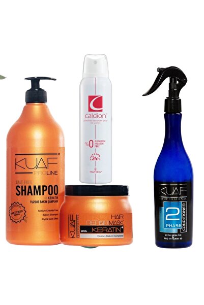 Kuaf Tuzsuz Şampuan 1Lt + 500 Ml Saç Maskesi + Fön Suyu Mavi 400 ML + Caldion...