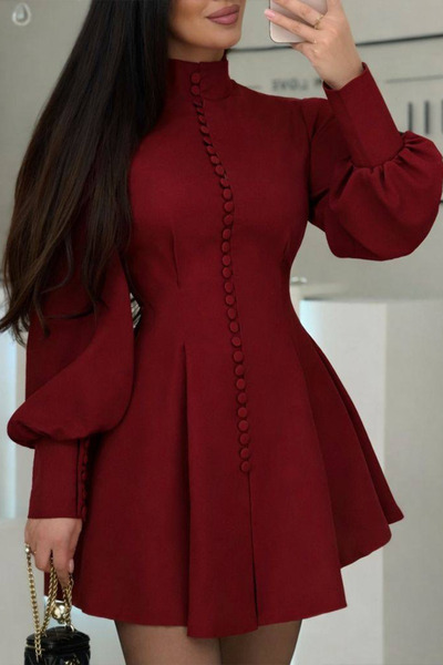 Julidress High Collar Buttoned Premium Mini Dress with Pleated Detail