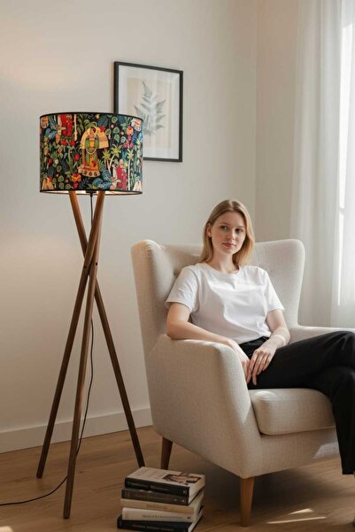 YULAMP HOME CONCEPT Bohem Ceviz Ahşap Tripod Orman Desenli Lambader