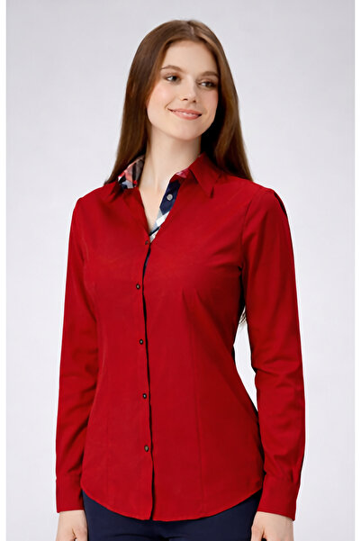 FARQIN K. Red Cotton Satin Burbery Fabric Detailed Slim Fit Women's Shirt