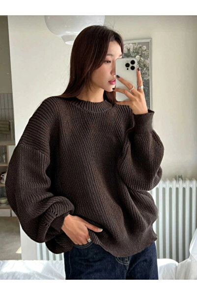MetuCA Women's Brown Thessaloniki Knitted Crew Neck Oversize Balloon Sleeve K...