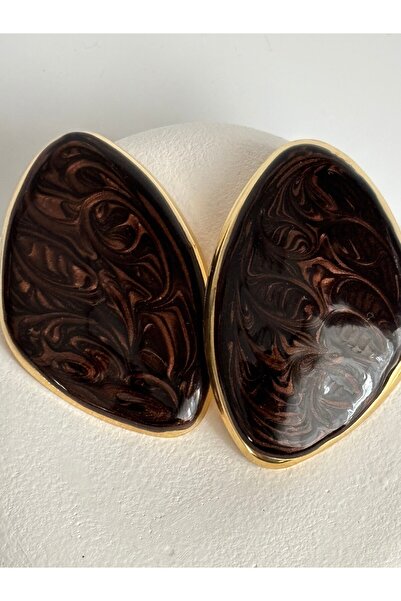 BHR AKSESUAR Gold Dark Brown Enamel Large Earrings (6.7 cm)