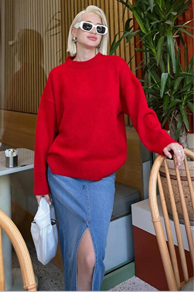MetuCA Red Crew Neck Oversize Women's Knitwear Sweater