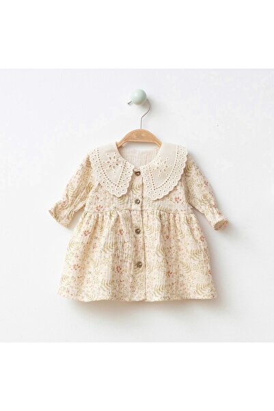 COLORED BABY Baby Girl Scallop Collar Lined Muslin Dress