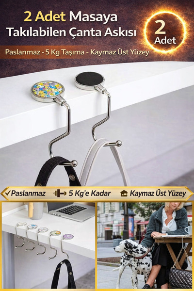 Hane Dostu 2 Adet Masaya Takılabilen Çanta Askısı | Paslanmaz Çelik, Kaymaz Y...