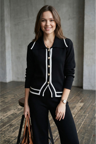 SAYZEN Shirt Collar Heart Button Cardigan-Pants Knitwear Set