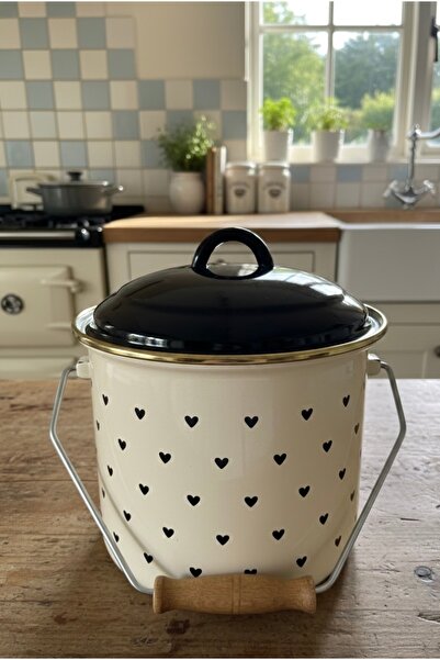 EmayeBurada Minik Kalp Desenli Emaye Bakraç 5 Lt Yoğurt Tenceresi Bakliyat Sa...