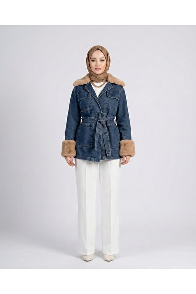 Lunfia Kürklü Yaka ve Kolları ile Kapamalı Cepli Kot Ceket - İndigo