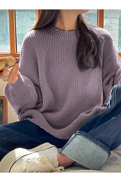 MetuCA Women's Lilac Thessaloniki Knitted Crew Neck Oversize Balloon Sleeve K...