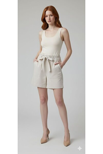 Neden Tekstil شورت قصير بخصر ورقي بلون الحجر