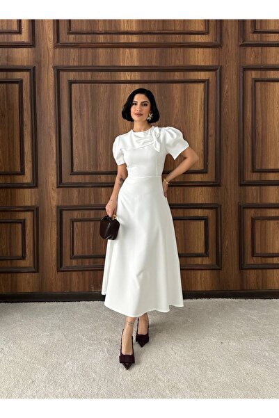 maf collection Women's White Balloon Sleeve Bow Detail Short Sleeve Long Dress