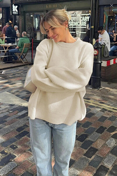 MetuCA Women's Ecru Crew Neck Balloon Sleeve Oversize Knitwear Sweater