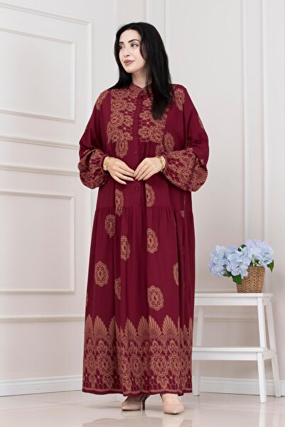 Sevitli Motif Patterned Robal Viscose Hijab Dress-Bordo
