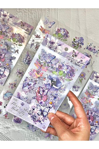SF SCRAPBOOK KIRTASİYE Scrapbook Şeffaf 4 Parça Mor Çiçek Kelebek Pet Sticker...