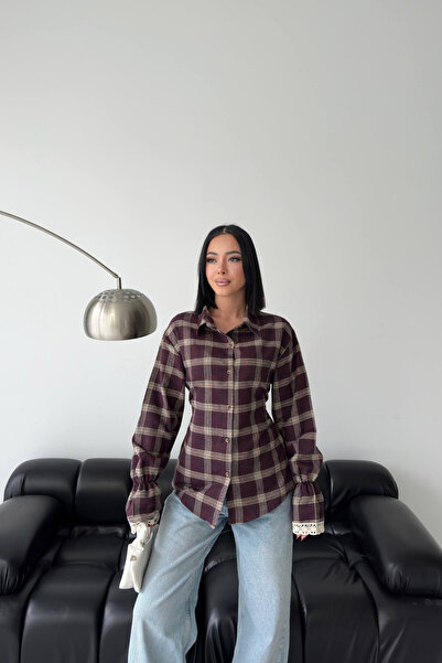 Sorridi Plaid Shirt with Lace Sleeves and Tie at the Back, Fitted at the Waist