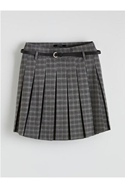 LC Waikiki Gray Plaid Pleated Mini Skirt with Belt