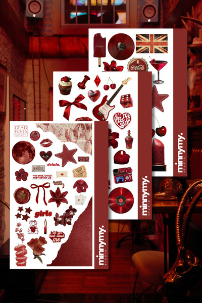 Minnymy 3'lü Red Collection Vintage Sticker, Çıkartma, Ajanda, Günlük, Planla...
