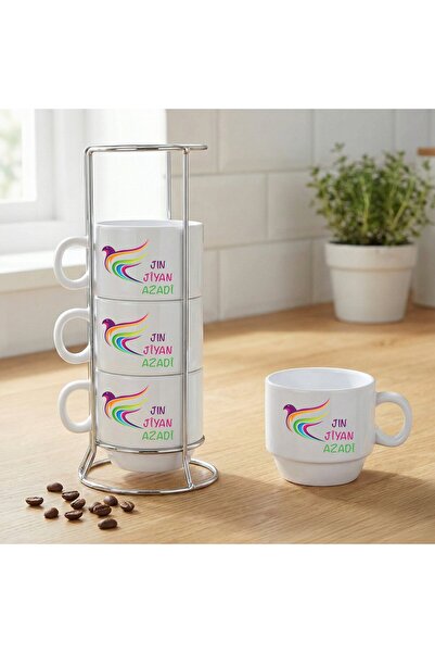 ZERYA Jin Jiyan Azadî 4-Piece Porcelain Coffee Cup Set with Stand - Illustrat...