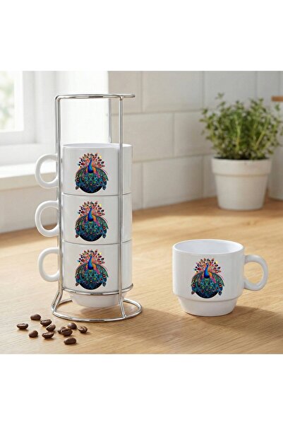 ZERYA Peacock Design Porcelain Coffee Cup Set of 4 with Stand - Peacock Motif...