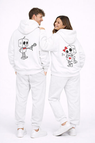 NEVERMIND Robot Printed Lover's Combination Oversize Hoodie Set for Women and...