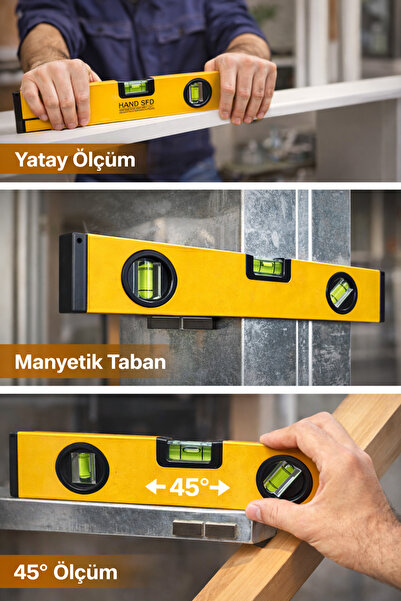 Hand Sfd 30 cm Manyetik Su Terazisi | 3 Gözlü Hassas Ölçüm | Metal Manyetik T...