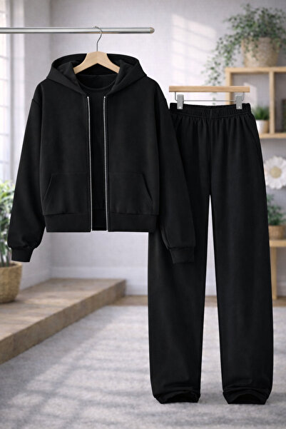 Kids Baskısız 3 lü Siyah Renkli Kışlık Takım